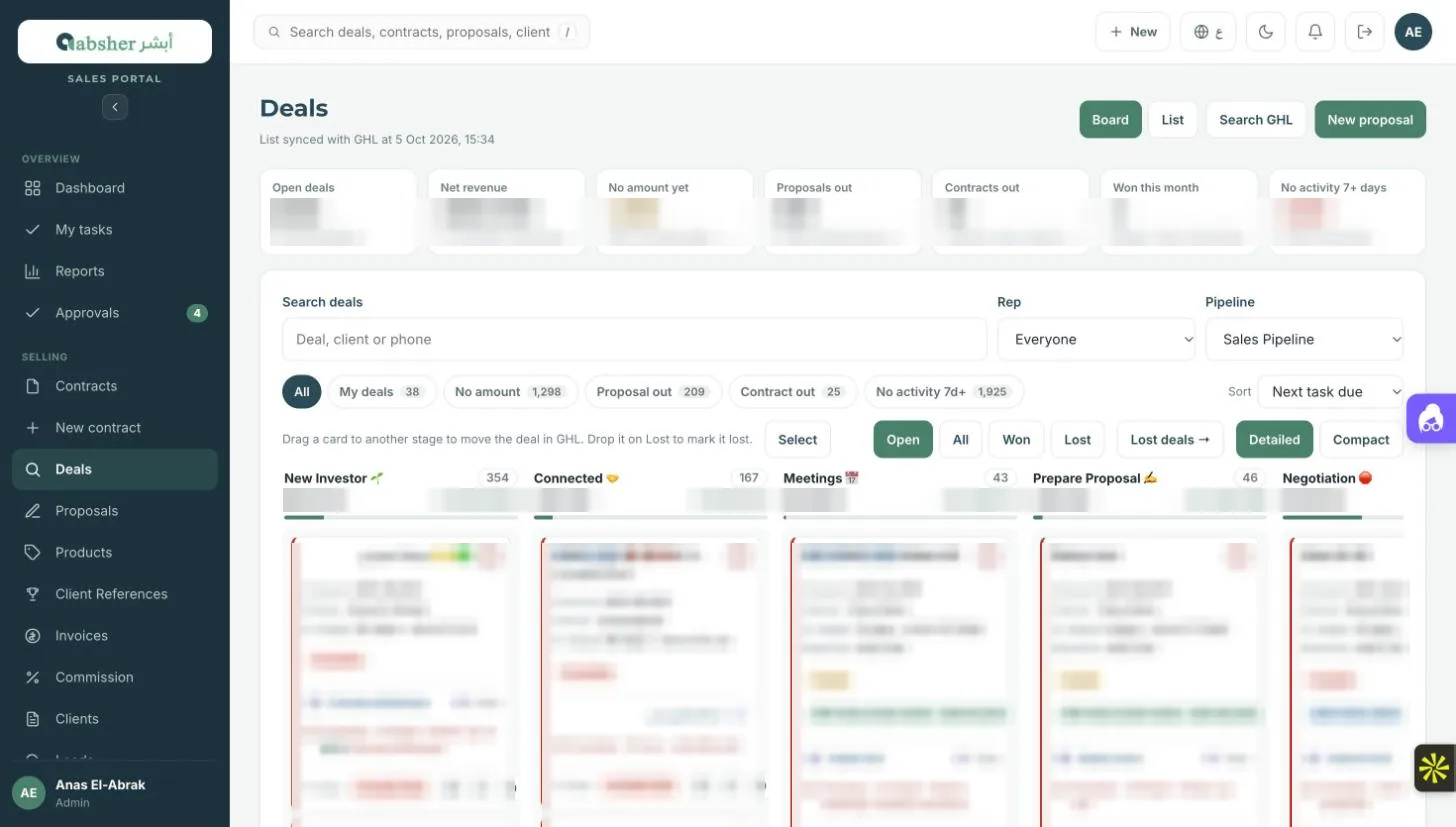 AbsherGo deals board synced live with the CRM