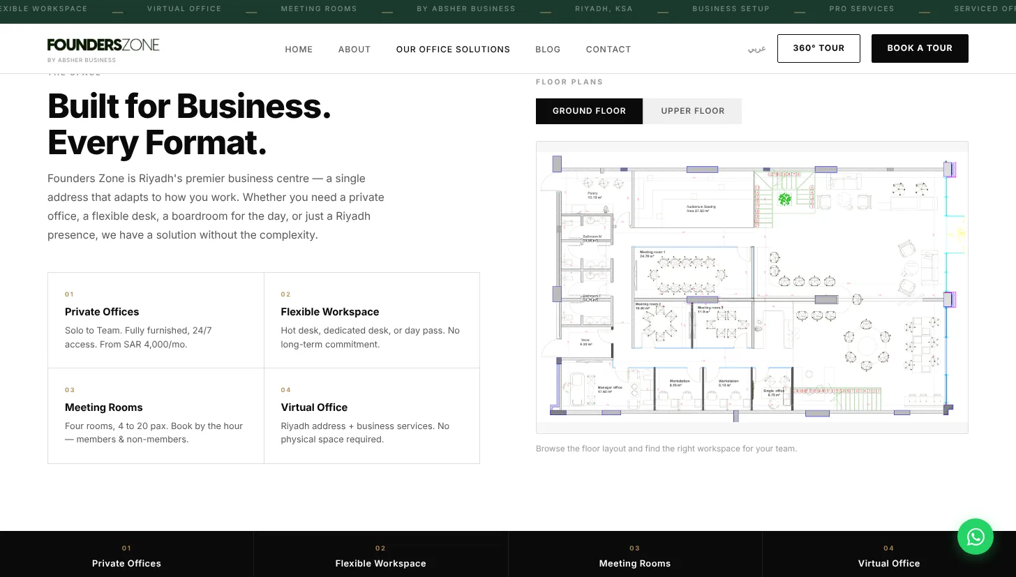 Founders Zone office solutions page with floor plan